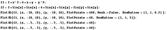 f1 = 2 * x^2 + 4 * x * y + y^2 ; f2 = 2 * Sin[x] * Sin[x] + 4 * Sin[x] * Sin[y] + Sin[y] * Sin ...  -.5, .5}, PlotPoints40] ; Plot3D[f1, {x, -.5, .5}, {y, -.5, .5}, PlotPoints40] ; 